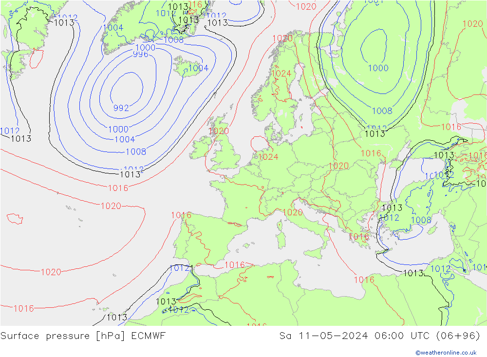 Surface pressure ECMWF Sa 11.05.2024 06 UTC
