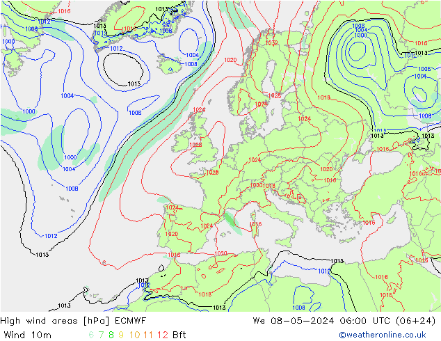 High wind areas ECMWF mer 08.05.2024 06 UTC