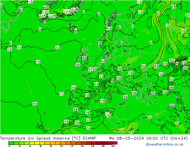 Temperatuurkaart Spread ECMWF wo 08.05.2024 06 UTC