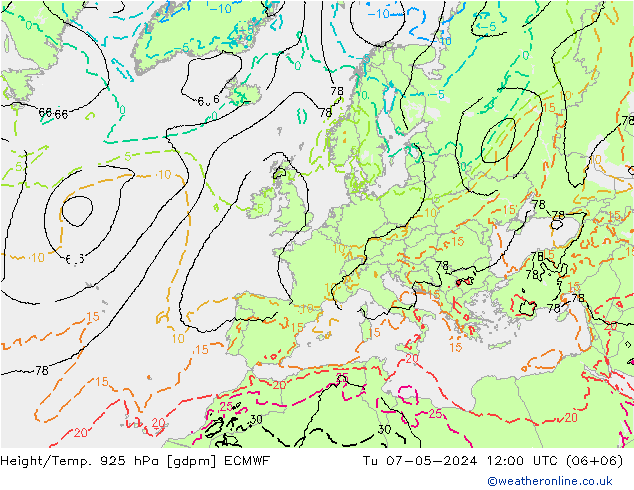 Height/Temp. 925 hPa ECMWF Di 07.05.2024 12 UTC
