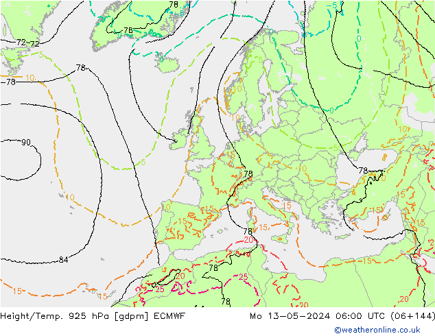 Height/Temp. 925 hPa ECMWF Mo 13.05.2024 06 UTC