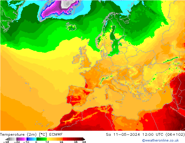 Temperature (2m) ECMWF Sa 11.05.2024 12 UTC