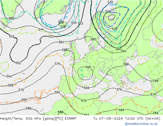 Height/Temp. 500 hPa ECMWF Di 07.05.2024 12 UTC