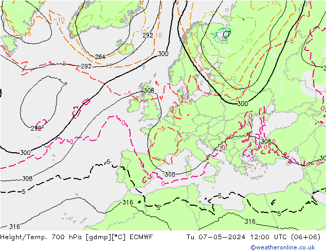 Height/Temp. 700 hPa ECMWF Tu 07.05.2024 12 UTC