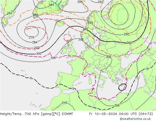 Height/Temp. 700 hPa ECMWF Fr 10.05.2024 06 UTC