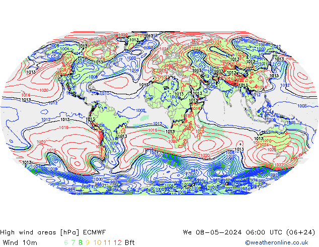 High wind areas ECMWF mié 08.05.2024 06 UTC