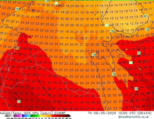 Hoogte/Temp. 925 hPa ECMWF do 09.05.2024 12 UTC