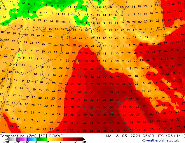 Temperature (2m) ECMWF Mo 13.05.2024 06 UTC