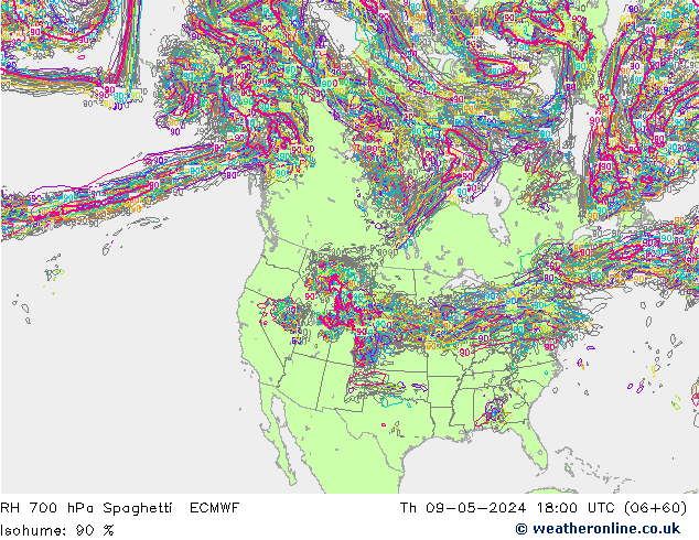 Humedad rel. 700hPa Spaghetti ECMWF jue 09.05.2024 18 UTC
