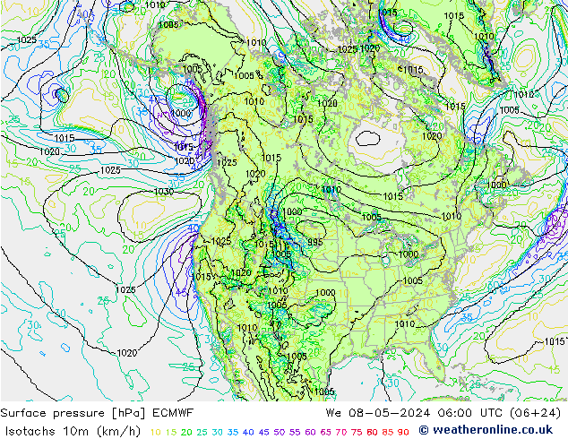 Isotachen (km/h) ECMWF Mi 08.05.2024 06 UTC