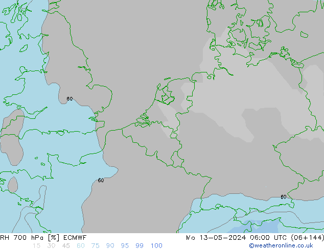 RH 700 hPa ECMWF Mo 13.05.2024 06 UTC