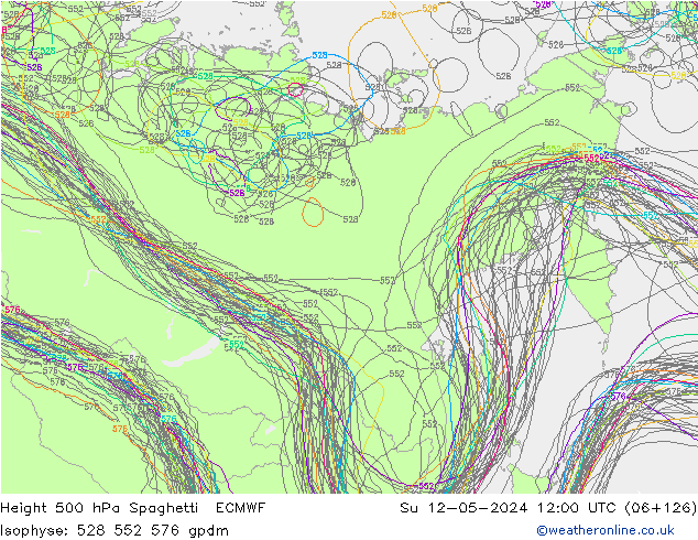 Height 500 hPa Spaghetti ECMWF So 12.05.2024 12 UTC