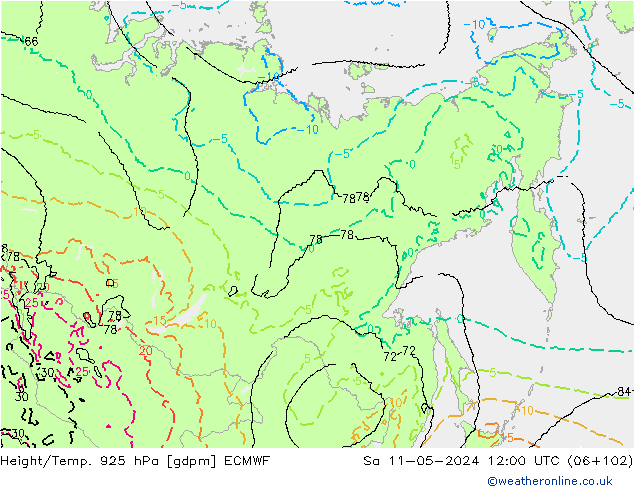 Height/Temp. 925 hPa ECMWF Sa 11.05.2024 12 UTC