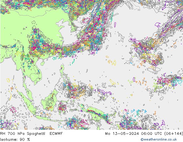 RH 700 hPa Spaghetti ECMWF Po 13.05.2024 06 UTC