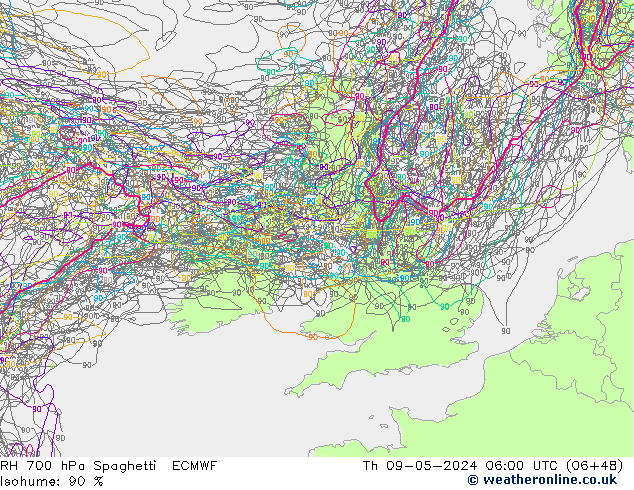 RH 700 гПа Spaghetti ECMWF чт 09.05.2024 06 UTC