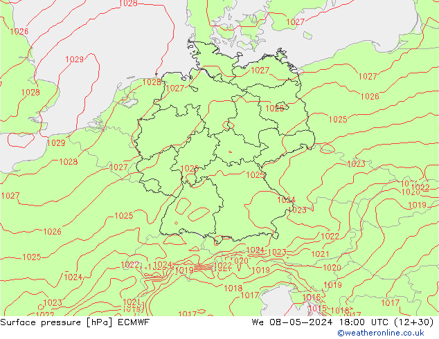 Surface pressure ECMWF We 08.05.2024 18 UTC