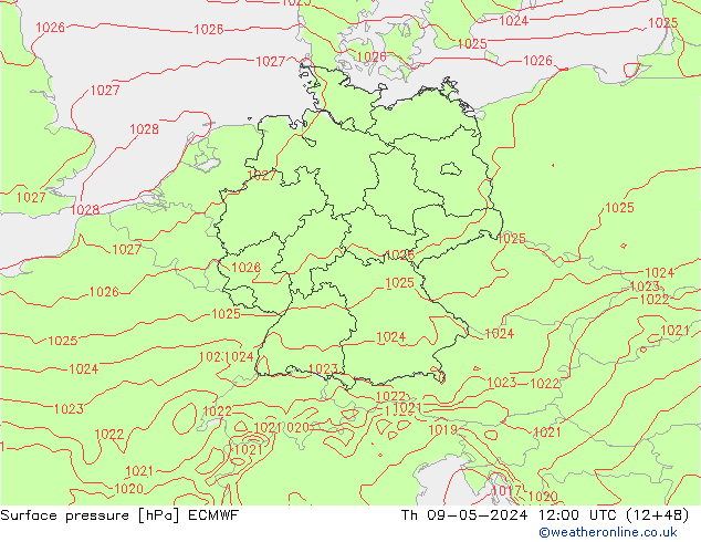 Atmosférický tlak ECMWF Čt 09.05.2024 12 UTC