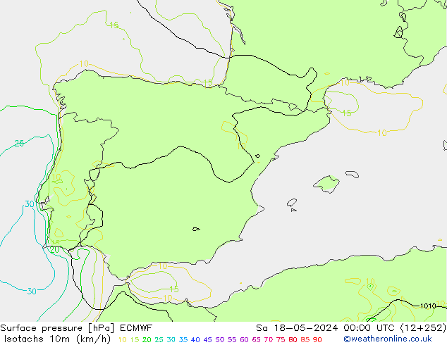 Isotachs (kph) ECMWF So 18.05.2024 00 UTC