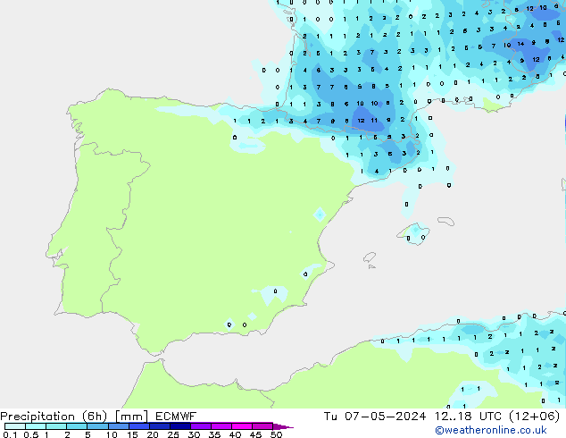 Precipitación (6h) ECMWF mar 07.05.2024 18 UTC