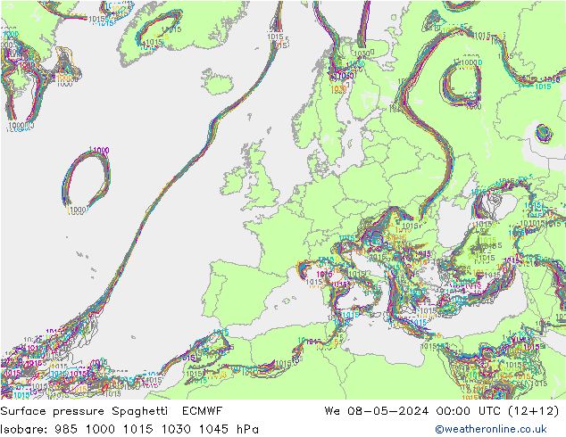 Bodendruck Spaghetti ECMWF Mi 08.05.2024 00 UTC