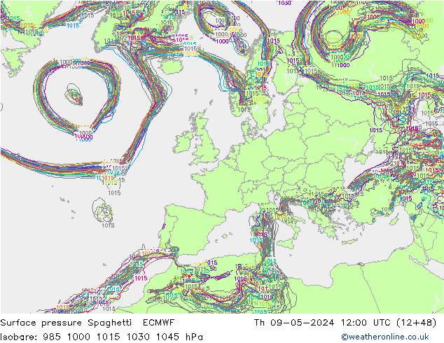 Surface pressure Spaghetti ECMWF Th 09.05.2024 12 UTC