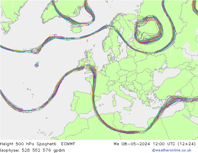 Height 500 hPa Spaghetti ECMWF Mi 08.05.2024 12 UTC