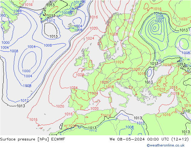 Surface pressure ECMWF We 08.05.2024 00 UTC