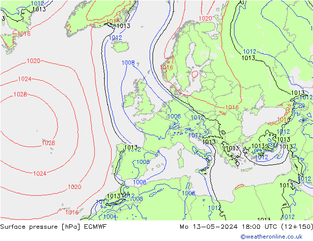 Presión superficial ECMWF lun 13.05.2024 18 UTC