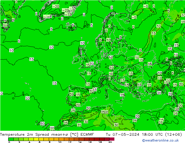 Temperaturkarte Spread ECMWF Di 07.05.2024 18 UTC