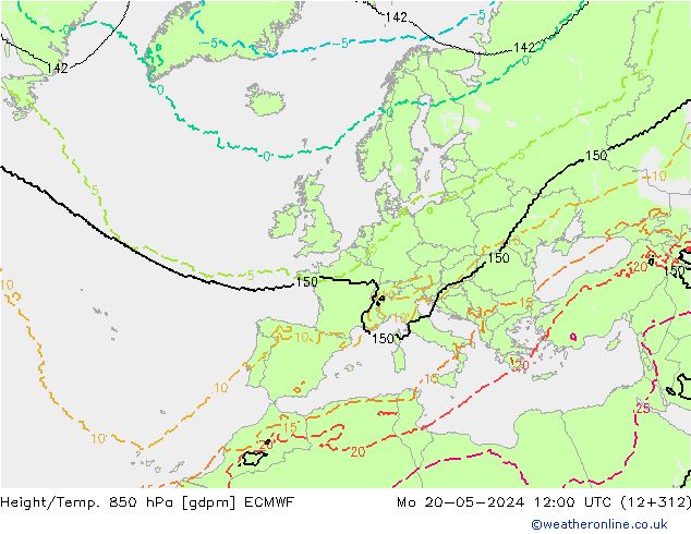 Height/Temp. 850 hPa ECMWF pon. 20.05.2024 12 UTC