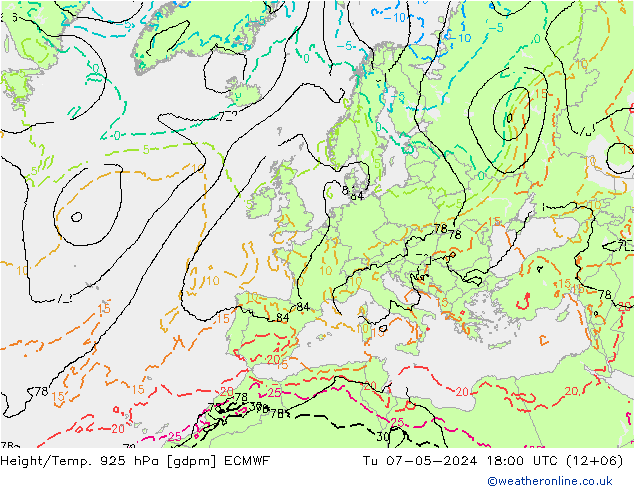 Height/Temp. 925 hPa ECMWF Tu 07.05.2024 18 UTC