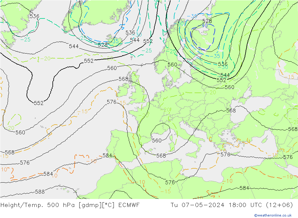Height/Temp. 500 hPa ECMWF Di 07.05.2024 18 UTC
