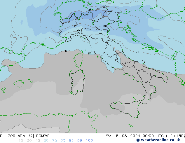 Humidité rel. 700 hPa ECMWF mer 15.05.2024 00 UTC