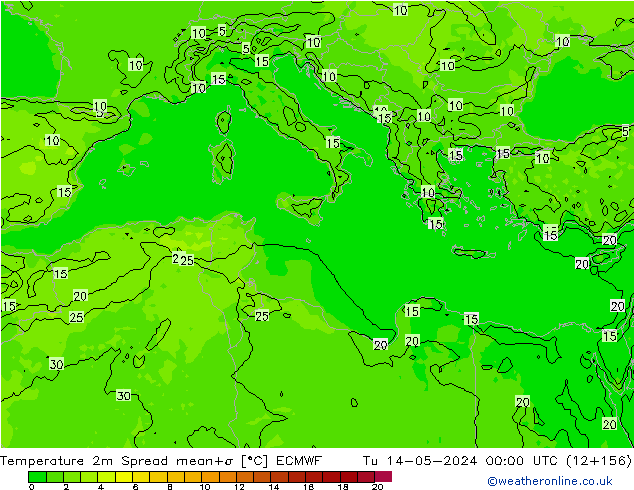 Sıcaklık Haritası 2m Spread ECMWF Sa 14.05.2024 00 UTC
