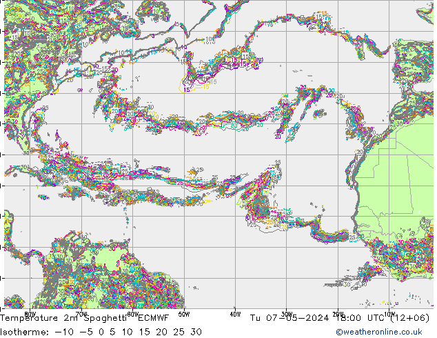 Temperatura 2m Spaghetti ECMWF Ter 07.05.2024 18 UTC
