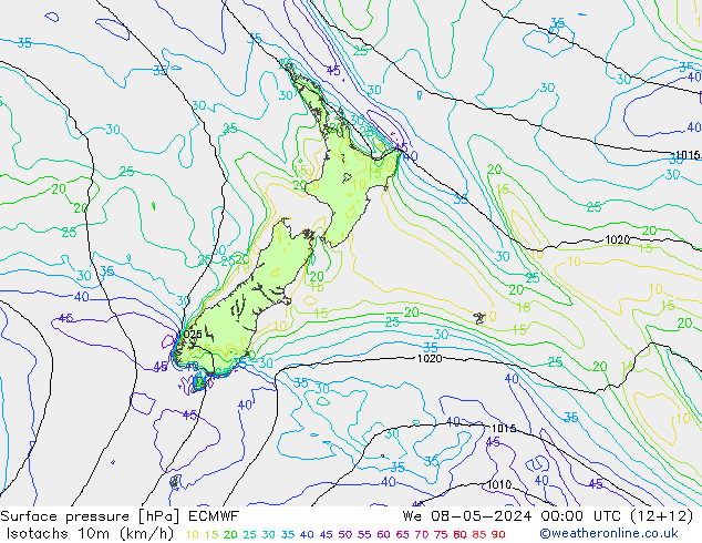 Isotachen (km/h) ECMWF Mi 08.05.2024 00 UTC