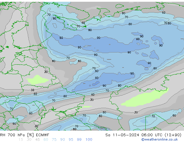 Humedad rel. 700hPa ECMWF sáb 11.05.2024 06 UTC