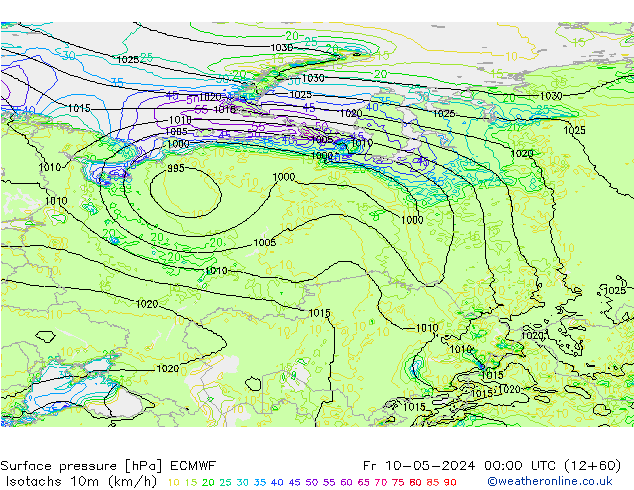 Isotachs (kph) ECMWF Fr 10.05.2024 00 UTC