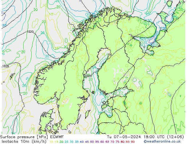 Isotachen (km/h) ECMWF Di 07.05.2024 18 UTC
