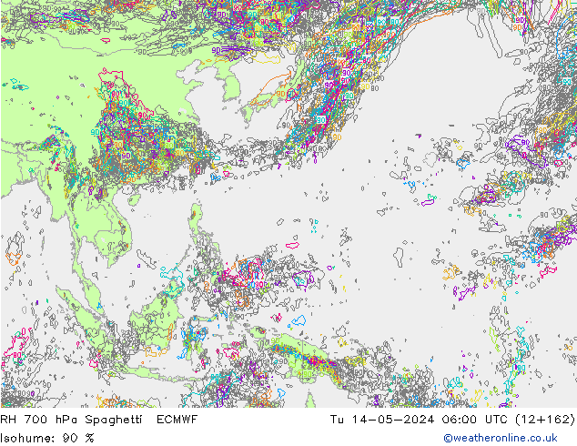 RH 700 гПа Spaghetti ECMWF вт 14.05.2024 06 UTC