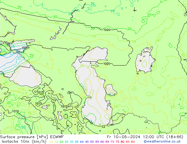 Izotacha (km/godz) ECMWF pt. 10.05.2024 12 UTC
