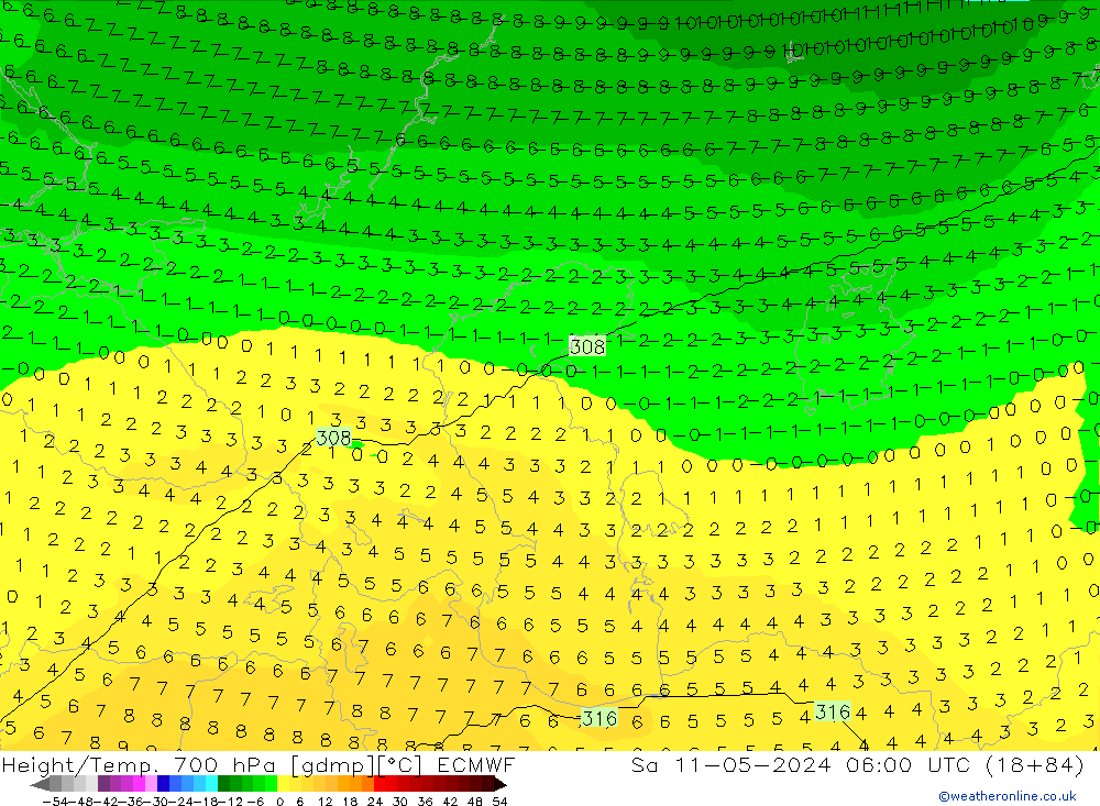 Height/Temp. 700 hPa ECMWF Sa 11.05.2024 06 UTC