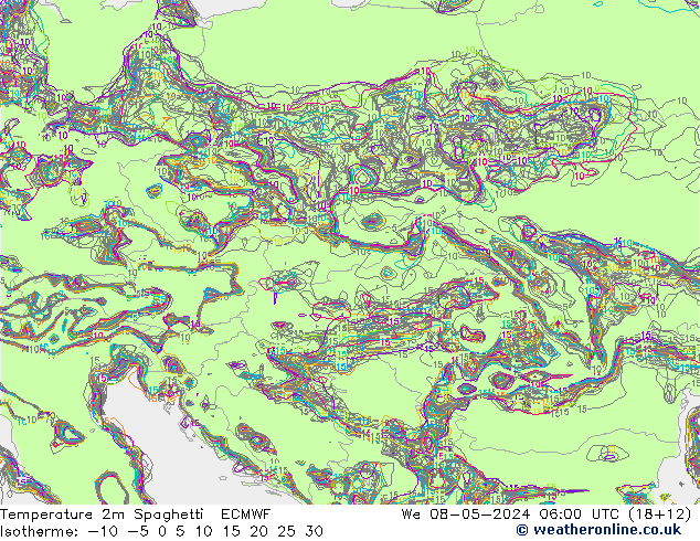 Temperatura 2m Spaghetti ECMWF Qua 08.05.2024 06 UTC