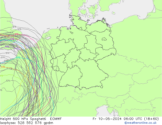 Height 500 hPa Spaghetti ECMWF Pá 10.05.2024 06 UTC