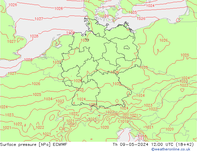 Atmosférický tlak ECMWF Čt 09.05.2024 12 UTC