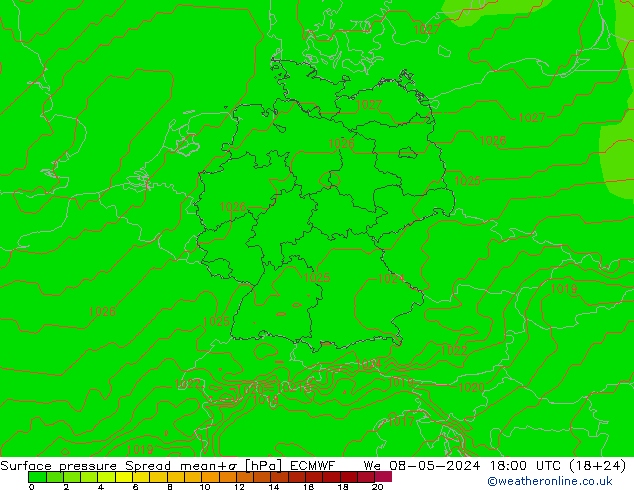 Surface pressure Spread ECMWF We 08.05.2024 18 UTC