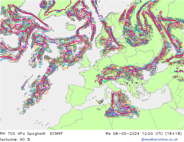 RH 700 hPa Spaghetti ECMWF Mi 08.05.2024 12 UTC