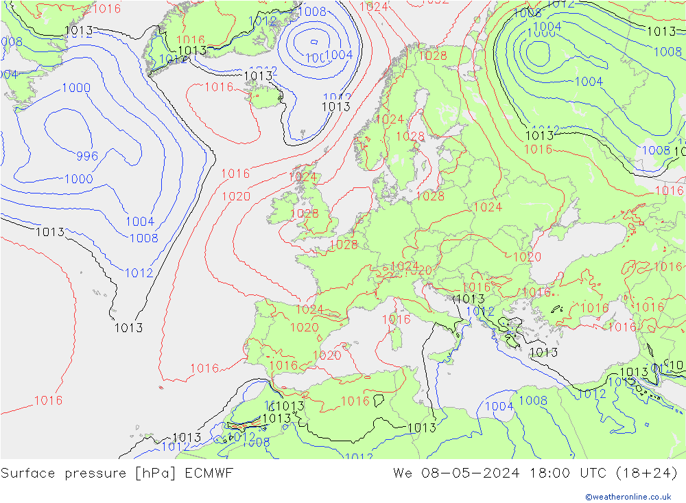 Luchtdruk (Grond) ECMWF wo 08.05.2024 18 UTC