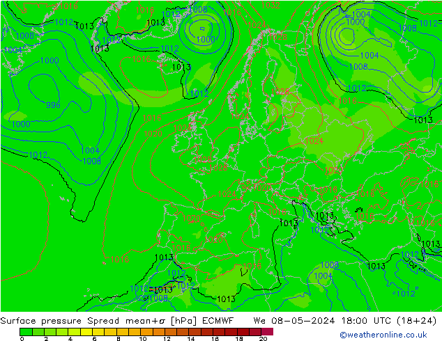 Surface pressure Spread ECMWF We 08.05.2024 18 UTC
