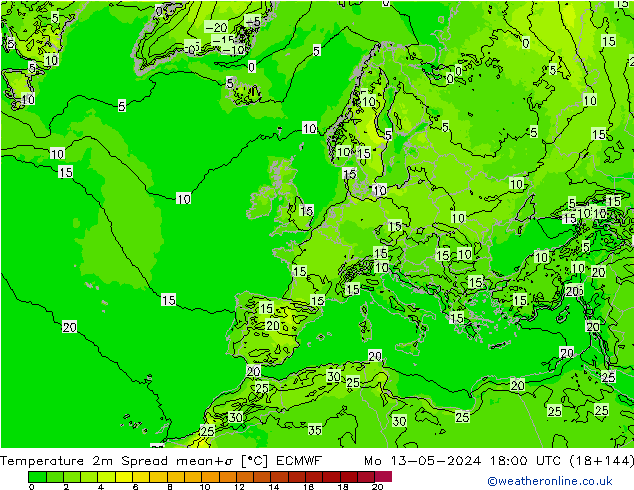 Temperature 2m Spread ECMWF Mo 13.05.2024 18 UTC